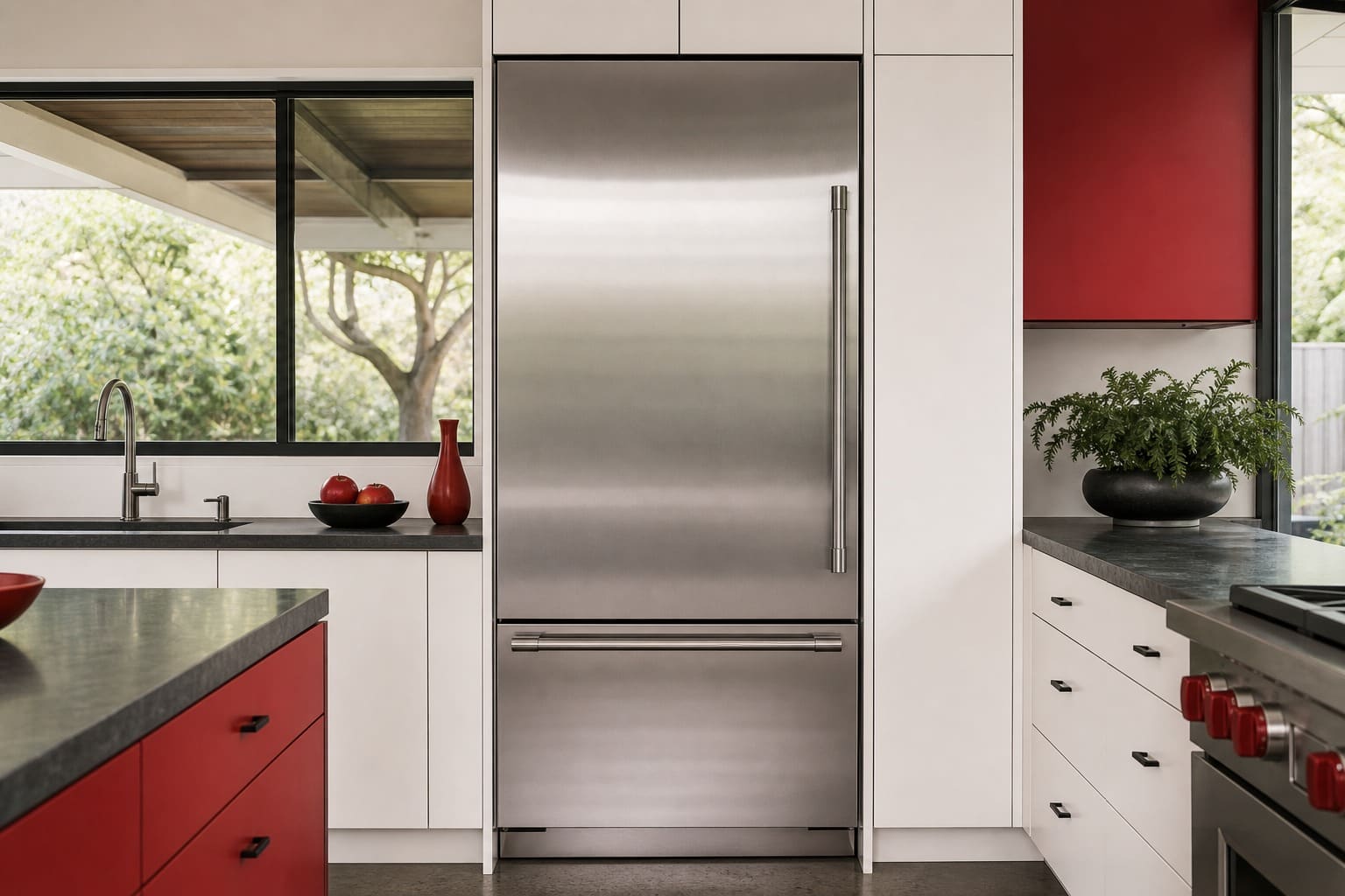 GE Monogram built-in refrigerator and range in a Palo Alto estate kitchen