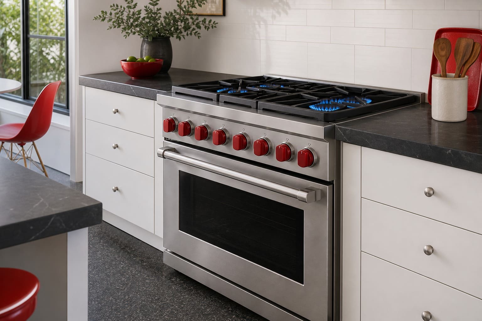 Stainless Wolf range with red knobs in a Palo Alto estate kitchen