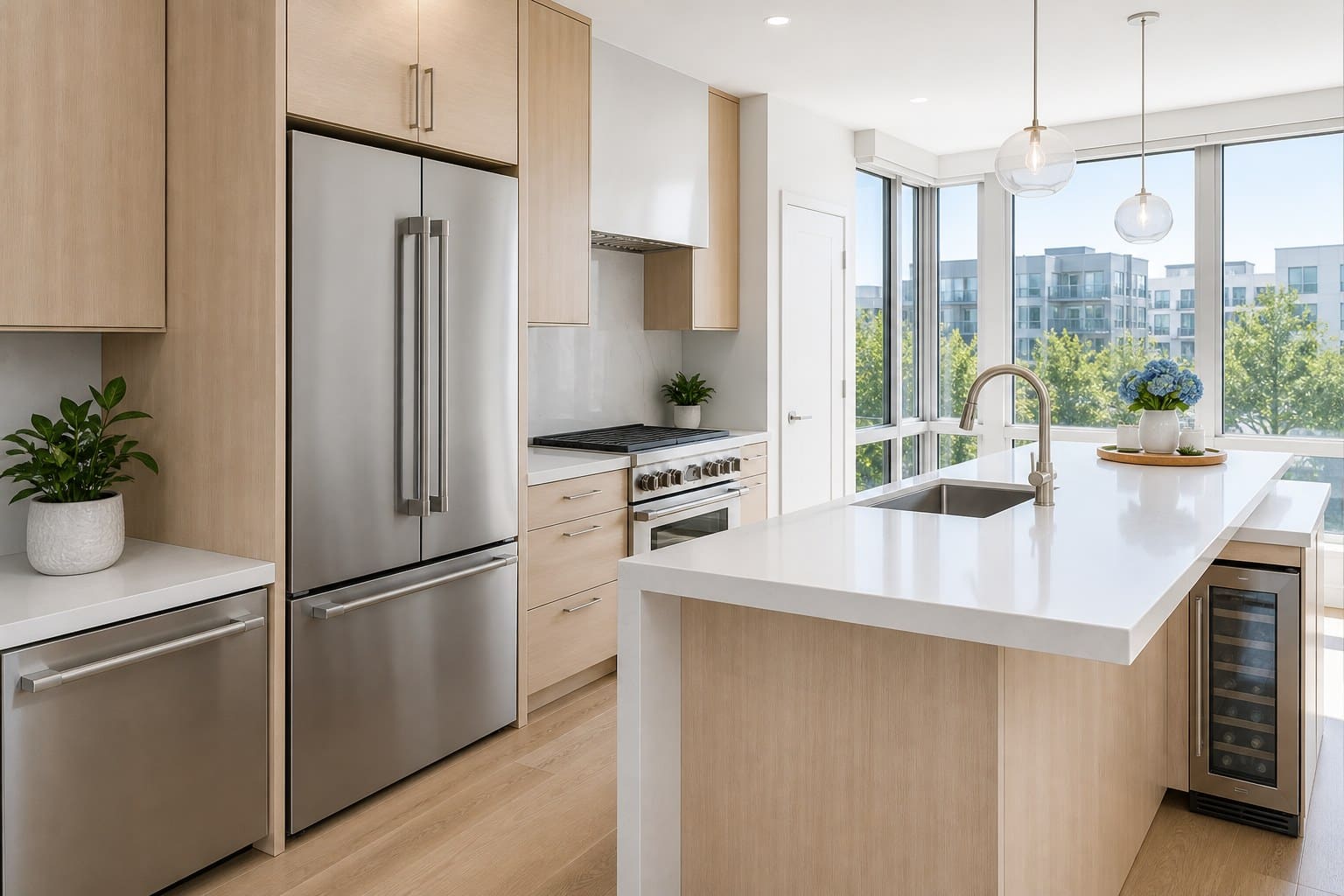 Bright, restrained Palo Alto kitchen with a custom island and integrated built-in refrigeration
