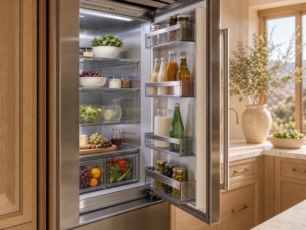 Open stainless built-in Sub-Zero refrigerator in a bright Palo Alto kitchen