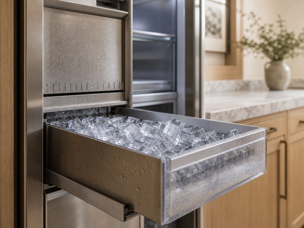 Built-in freezer drawer full of clear ice cubes in a Palo Alto kitchen