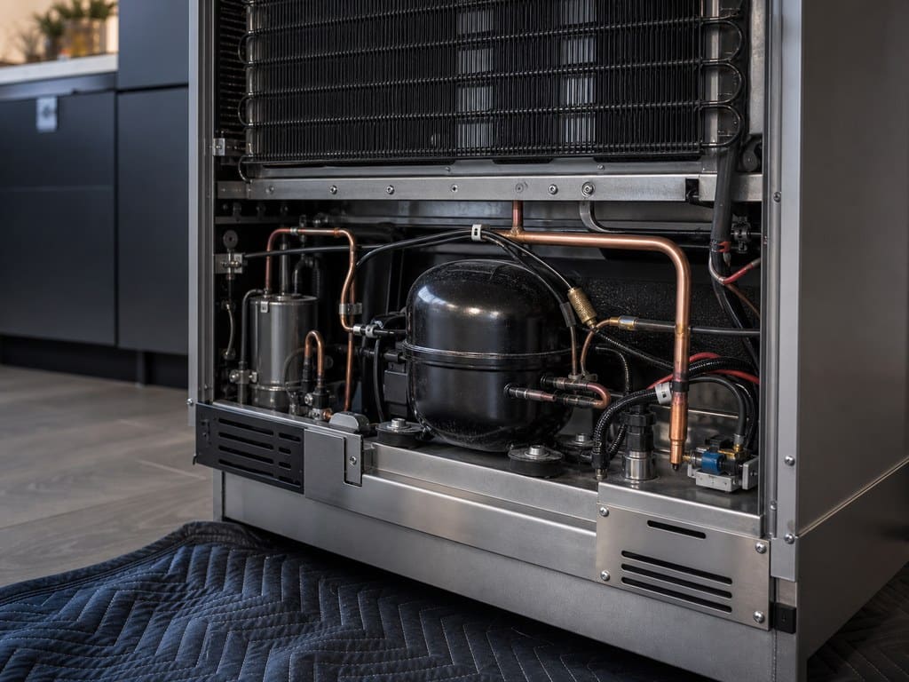 Exposed compressor and copper sealed-system tubing on a built-in refrigerator