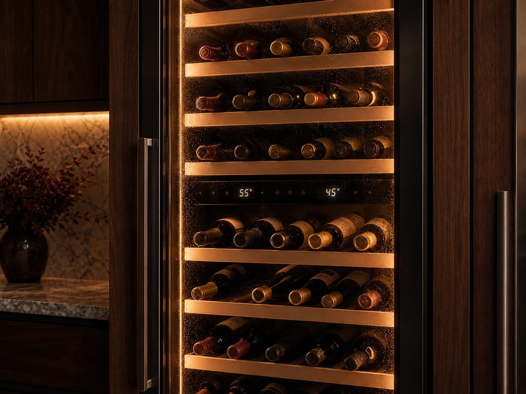 Built-in glass-front Sub-Zero wine storage column in a Palo Alto estate kitchen