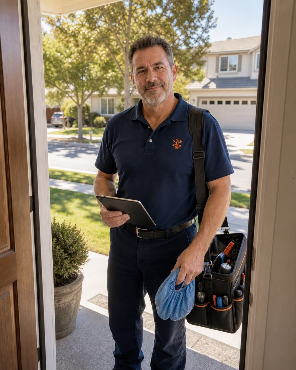 Sub-Zero Palo Alto Services technician arriving at the front door of a Palo Alto home with tools and shoe covers