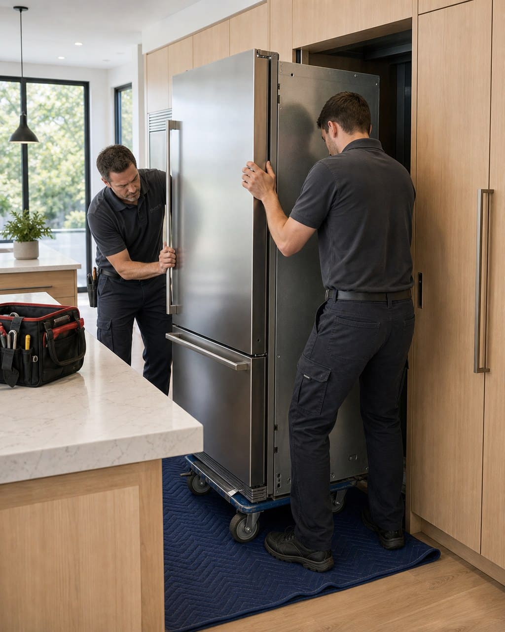 Two technicians sliding a built-in Sub-Zero refrigerator out of its cabinet in a Palo Alto kitchen