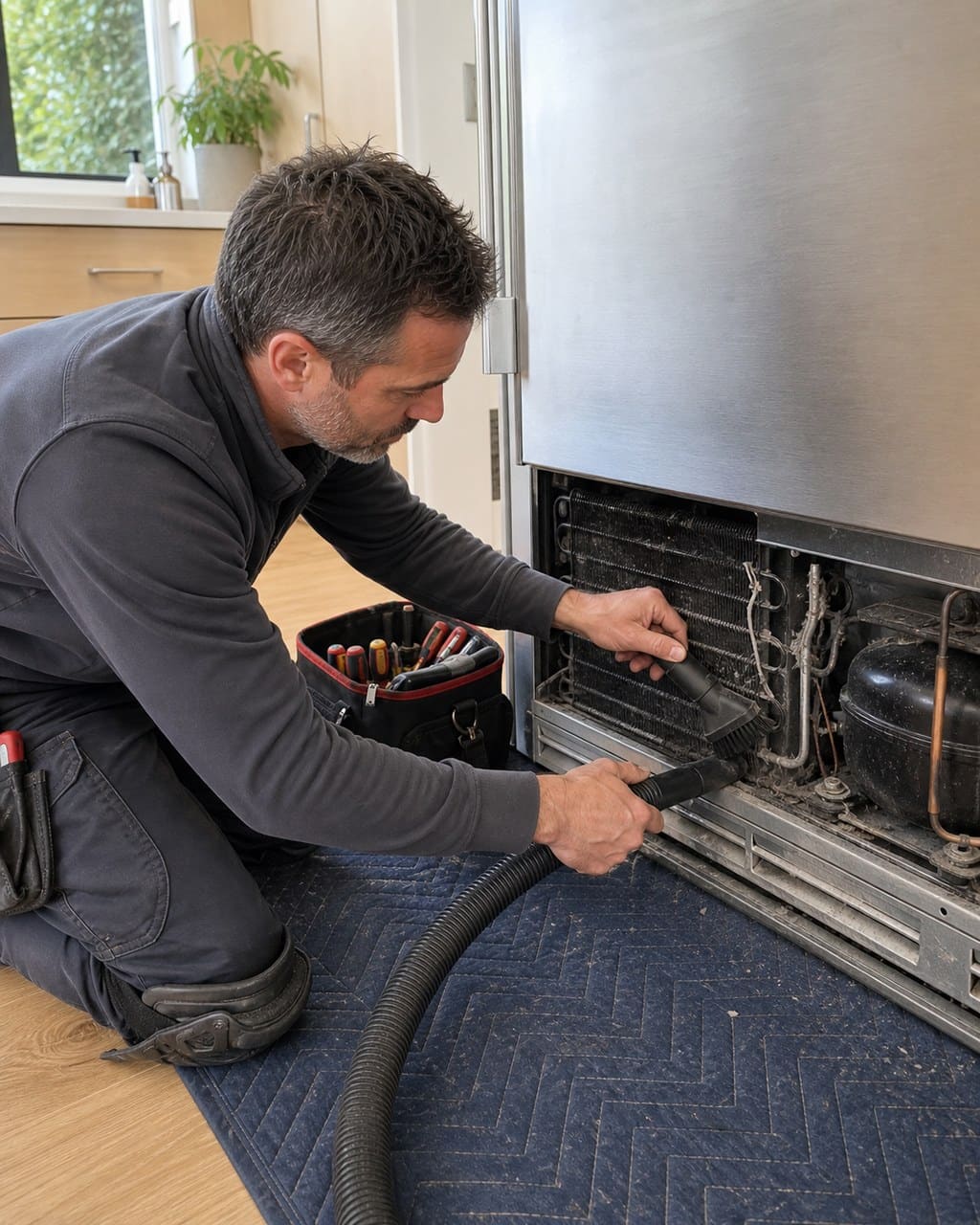 Technician cleaning the condenser and fan at the lower grille of a built-in Sub-Zero refrigerator, the source of most noise, in a Palo Alto kitchen
