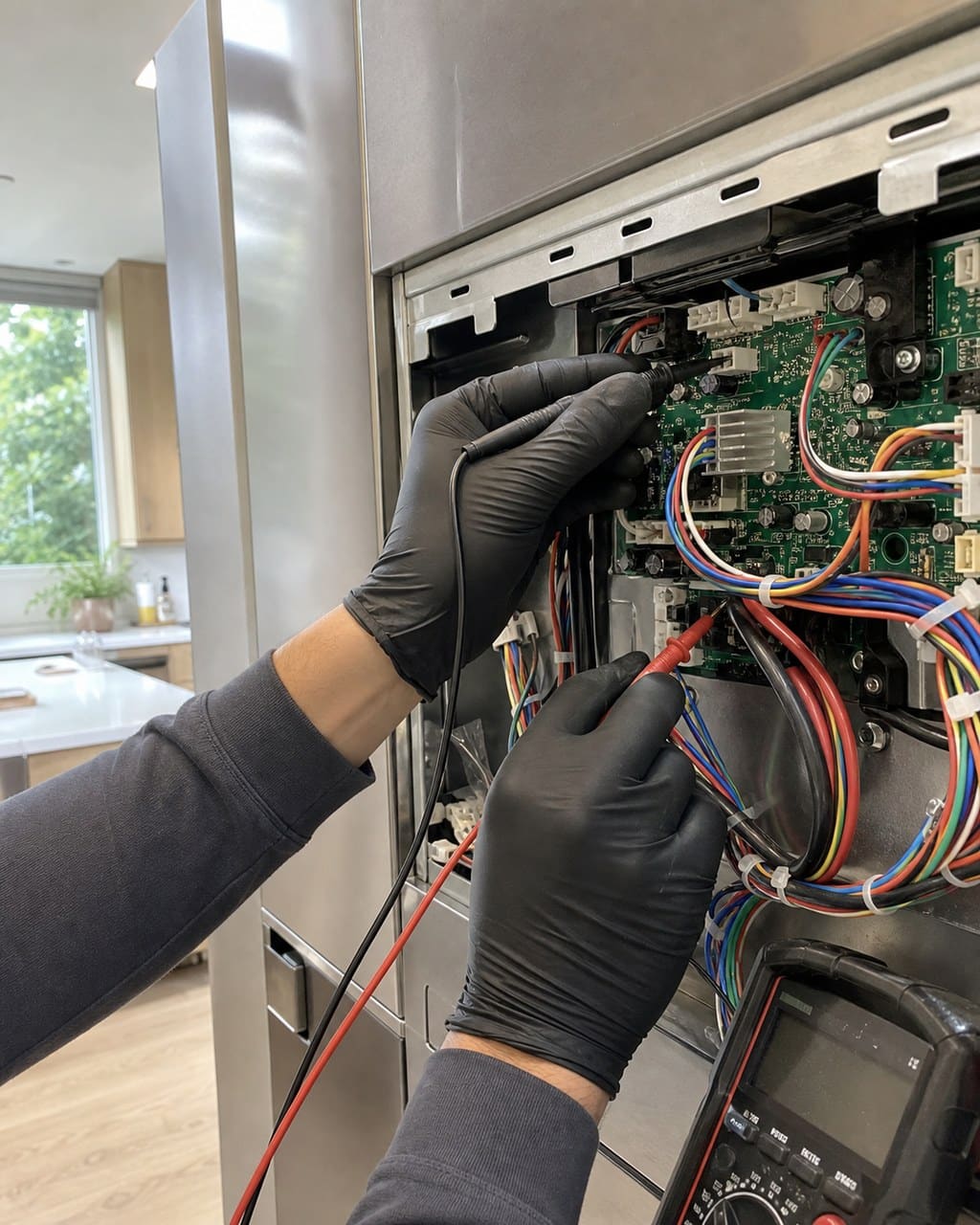 Technician probing the control board of a built-in Sub-Zero refrigerator