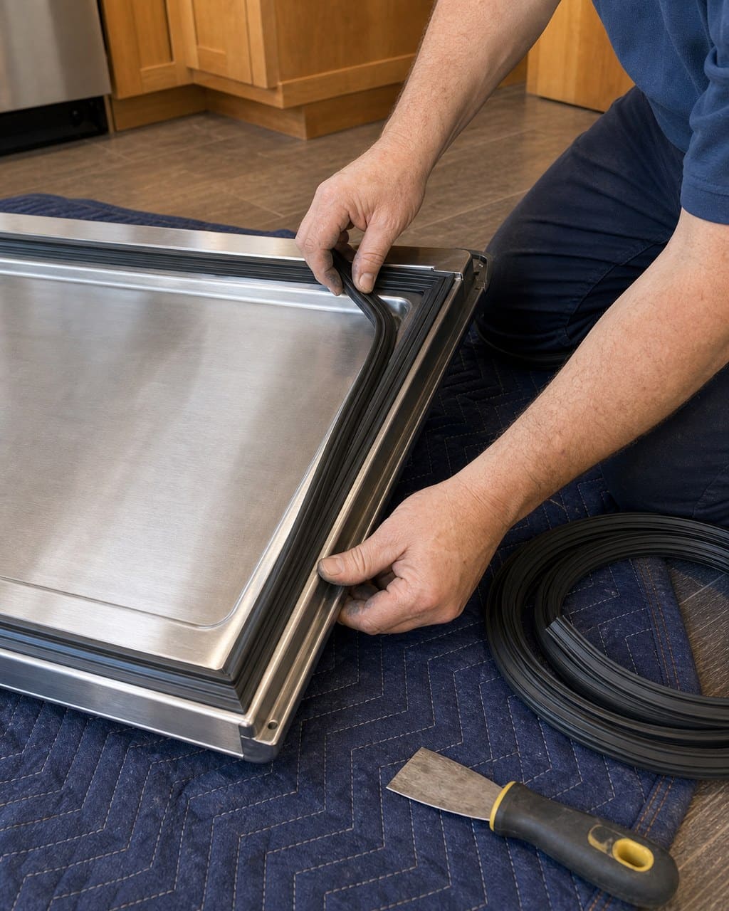 Technician kneeling at a built-in Sub-Zero refrigerator door on a Palo Alto kitchen floor to trace a water leak