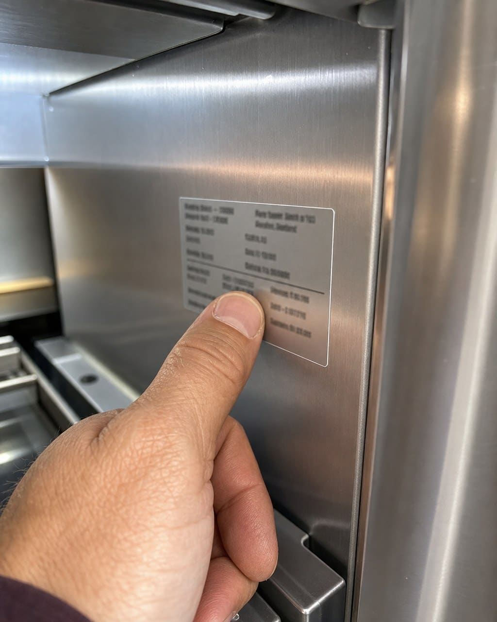 Close-up of a technician pointing at the model and serial number tag inside a built-in Sub-Zero refrigerator