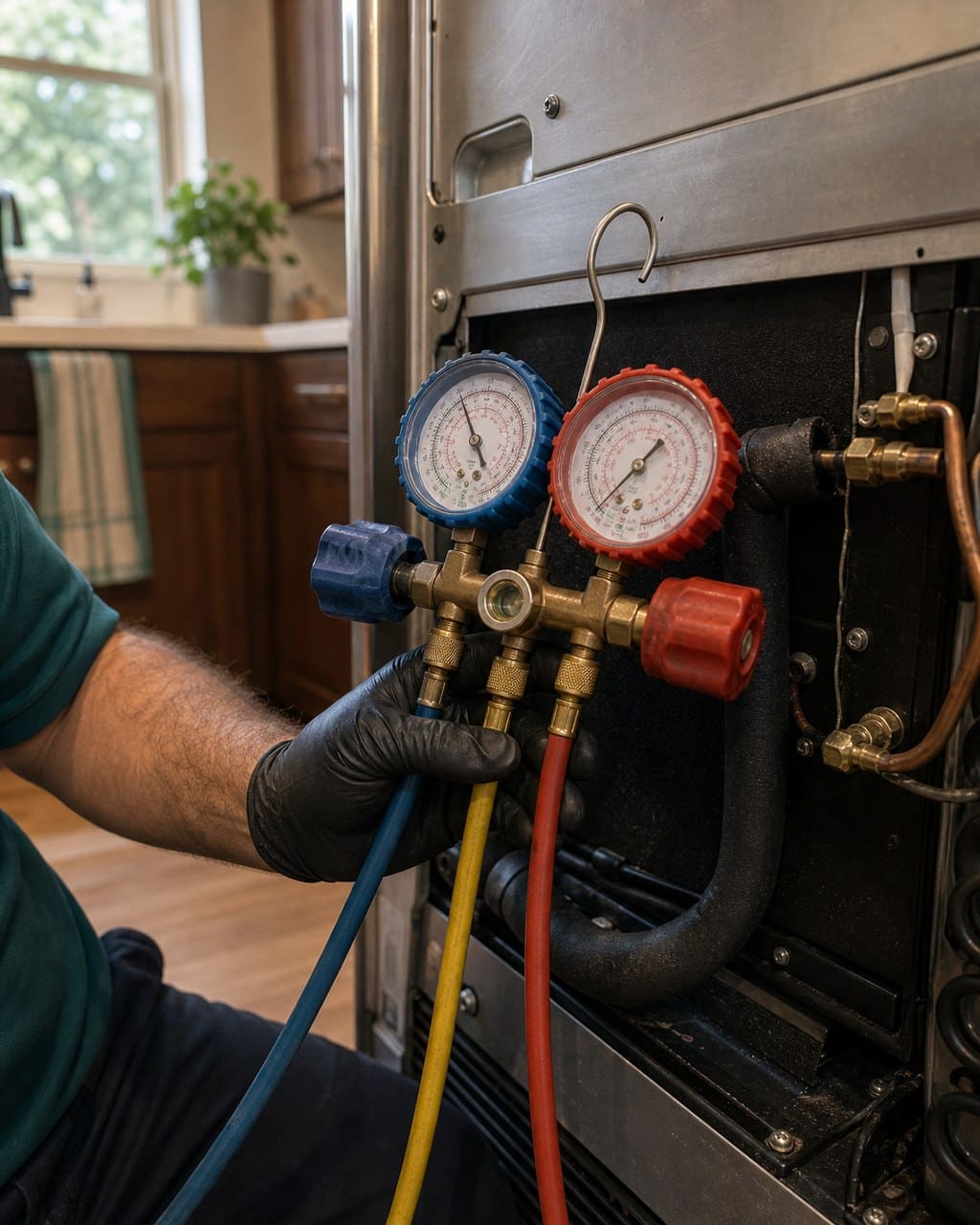 Sealed-system diagnosis with manifold gauges on an older estate built-in Sub-Zero in Old Palo Alto